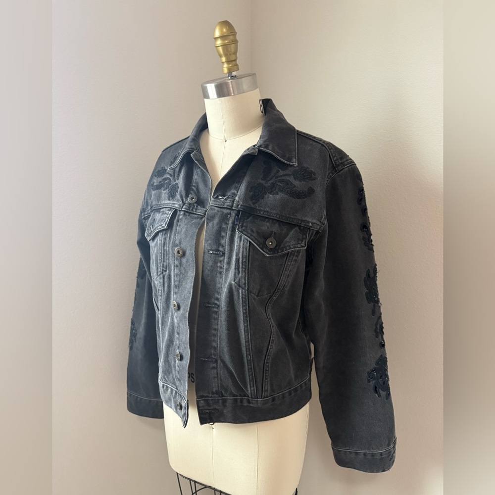 Levi's Black Denim Jacket with Floral Pineapple Embroidery